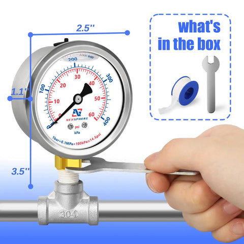 Hand using wrench to install Top Notch Pro Grade Pool And Home Pressure Gauge 0 To 60 PSI With Two And A Half Inch Dial