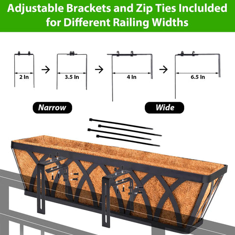 Three Pack 24 Inch Balcony Planter Boxes For Railing And Window Boxes, Dope Outdoor Fence Planters Hanging, Weatherproof Window Boxes Set installed on balcony with adjustable brackets visible