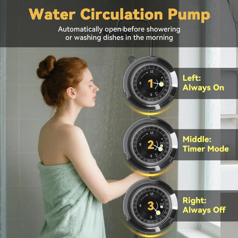 Hot Water Recirculating Pump Kit with Timer for Tank Water Heaters, 110V Electric Circulator showing timer settings during shower.