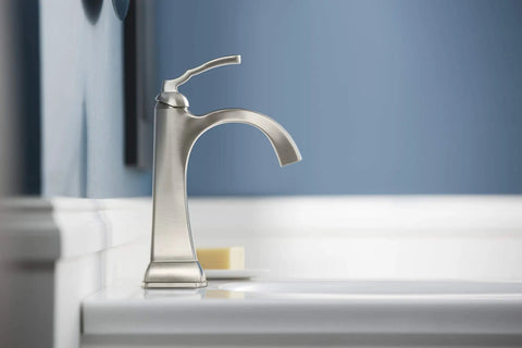 Ridgeport Single Control Lav Faucet with Brushed Nickel Finish in bathroom setting, showing contemporary design and stainless steel construction.