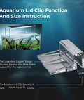 12 Pack Clear Aquarium Lid Clips For Rimless Fish Tanks Hold Your Glass Cover Snug And Square. Showing detailed function and size instruction.