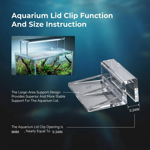 12 Pack Clear Aquarium Lid Clips For Rimless Fish Tanks Hold Your Glass Cover Snug And Square. Showing detailed function and size instruction.