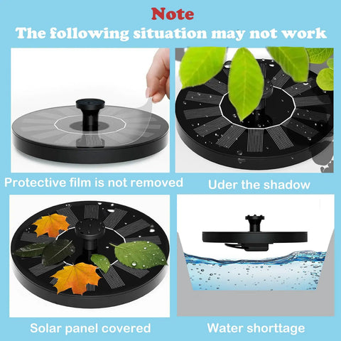 Diagram showing when the 2-Pack 1.5W Solar Powered Bird Bath Fountain Pump Kit With Six Nozzles may not work: in shade, covered, or submerged.