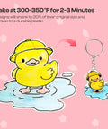 Yellow duck design using 25 Piece Frosted Shrink Plastic Sheets Set for DIY Shrink Art and Handicrafts; bake instructions shown.