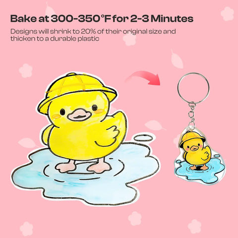 Yellow duck design using 25 Piece Frosted Shrink Plastic Sheets Set for DIY Shrink Art and Handicrafts; bake instructions shown.