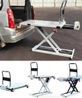 Heavy Duty Foldable Hydraulic Lift Table With 660 Lb Electric Scissor Cart and Four Lockable Wheels for easy vehicle loading.