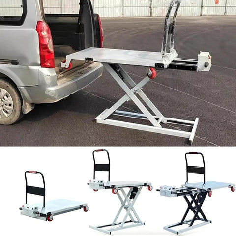 Heavy Duty Foldable Hydraulic Lift Table With 660 Lb Electric Scissor Cart and Four Lockable Wheels for easy vehicle loading.