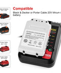 20V Battery Charger For Black Decker And Porter Cable Lithium Ion Batteries with LBXR20 pack and compatibility chart
