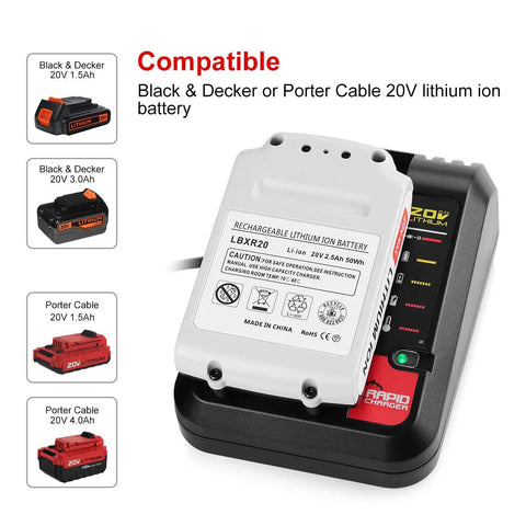 20V Battery Charger For Black Decker And Porter Cable Lithium Ion Batteries with LBXR20 pack and compatibility chart