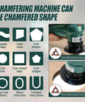 Aepiraza 2 In 1 Pneumatic Air Chamfer Tool Deburring Machine showing various chamfer shapes with adjustable angle controls.