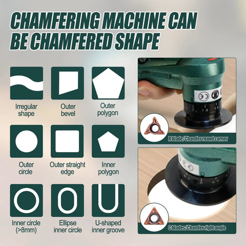 Aepiraza 2 In 1 Pneumatic Air Chamfer Tool Deburring Machine showing various chamfer shapes with adjustable angle controls.