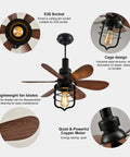 20 Inch Ceiling Fan With Light Socket And Remote, Vintage Industrial Socket Fan Light for Garage, E26 socket and cage design.