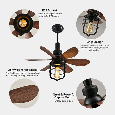 20 Inch Ceiling Fan With Light Socket And Remote, Vintage Industrial Socket Fan Light for Garage, E26 socket and cage design.