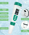 5-In-1 Digital pH Meter With Backlit Display, shown with labeled features including buttons and probe, floating on water background