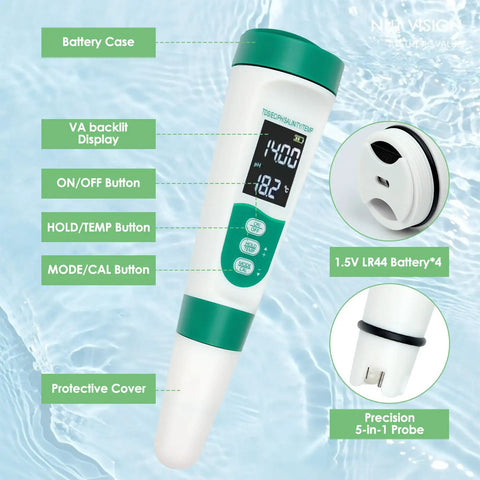 5-In-1 Digital pH Meter With Backlit Display, shown with labeled features including buttons and probe, floating on water background