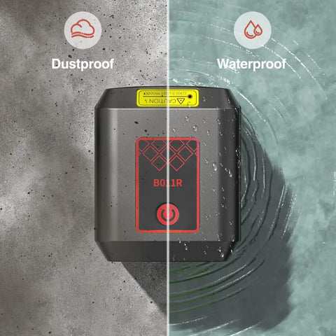 Cross Line Laser Level For DIY Projects With Self Leveling In Under 3 Seconds, 100ft Range, showing dustproof and waterproof