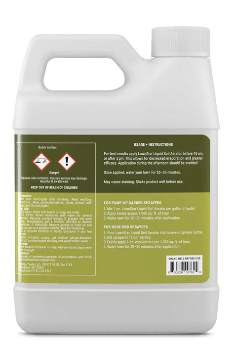 Back view of a 32-ounce bottle of liquid lawn aerator showing instructions and safety warnings.
