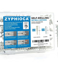 50 Piece Self Drilling Drywall Anchor And Screw Kit With Zinc Coated Steel Screws, white nylon plugs and screws in a case.