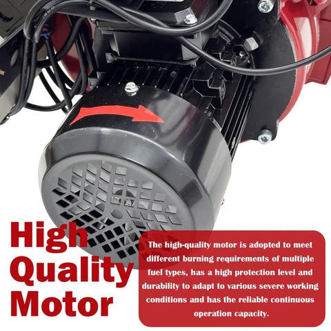 Close-up of the high-quality motor for the Top Shelf Waste Oil Burner With Air Atomizing Tech For Blazing Shop Heat Multi Fuel Ready Engine Plant Or Diesel Oil Heavy Duty Workhorse For Industrial Heaters Dryers And Kilns 220V Single Phase.