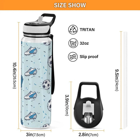 Size dimensions of 32 Oz BPA Free Tritan Sports Water Bottle Built For Gym Grind, Hiking, Cycling And Fitness Junkies.