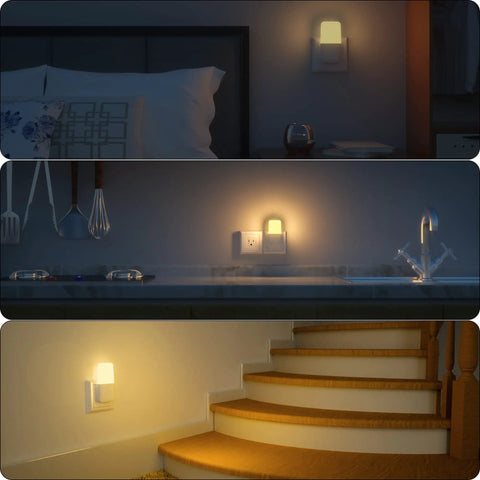 Plug In Night Light With Smart Dusk To Dawn Sensor in bedroom, kitchen, and stairs providing warm white LED light, 2 pack