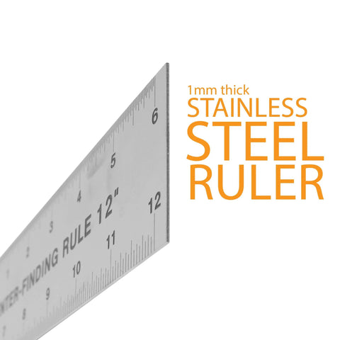 Stainless Steel Center Finder Ruler With No Guesswork And Dual Scale, side view showing 12-inch measurements.