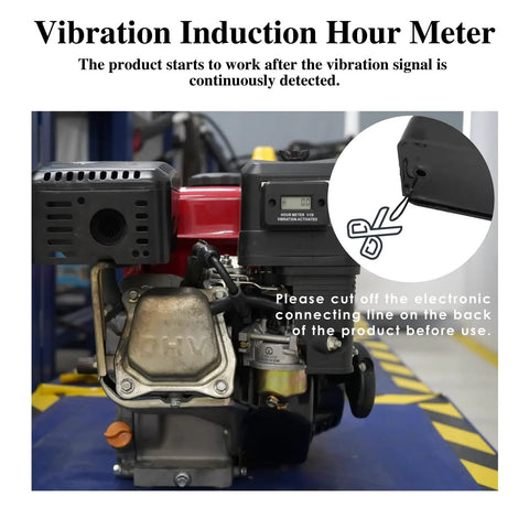 Vibration Induction Digital Hour Meter Self Powered Gauge IP68 Waterproof for Air Compressors Mini Tractors Snow Blowers No Wiring Instant Start Cumulative Run Time 0 to 99999 Hours High Precision 0.1 Hour Accuracy Black mounted on engine