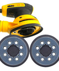 Two Pack Five Inch Eight Hole Hook And Loop Sanding Pad Replacement For DeWalt Orbital Sanders with a yellow sander