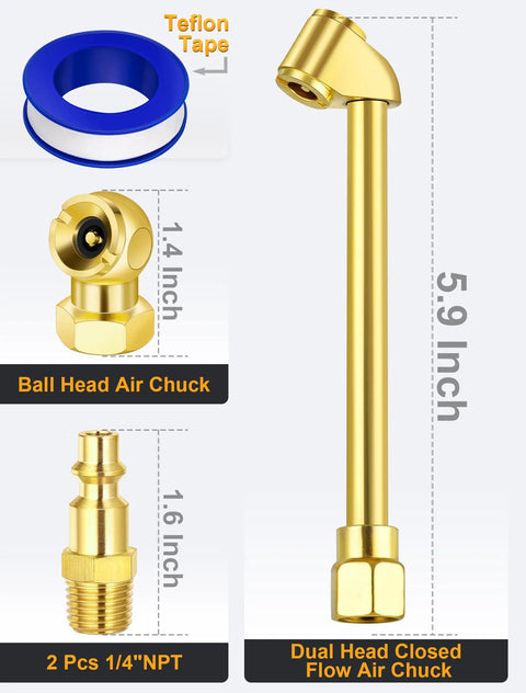 Dual Head Air Chuck Set With Closed Ball Tire Chuck And One Quarter Inch NPT Quick Plug Pro Grade Heavy Duty Tire Inflation Kit components