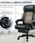 Adjustable lumbar support on big and tall leather reclining office chair with retractable footrest, ergonomic desk chair, black