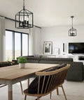 Black Farmhouse Chandelier 4 Light Industrial Lantern Chandelier Metal Frame Rustic Cage Pendant Light Fixture in living room