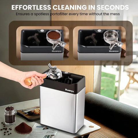 Automatic Electric Portafilter Cleaner With Quick Snap Three Way Mount And Six Liter Reservoir Fits Fifty One And Fifty Eight Millimeter Espresso Baskets No Mess Barista Approved Maintenance For Top Shelf Coffee Rig Zero Grind Leftovers Daily in a kitchen setting.