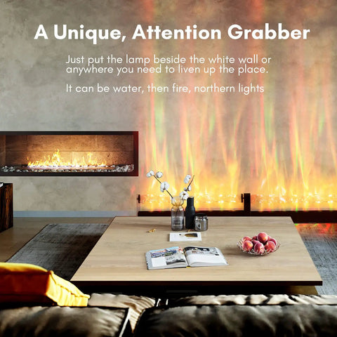 Living room with Kinetic LED Ocean Wave Projector Light for Room Mood and Ambient Glow, creating colorful wall effect behind a table.