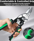 Close-up of ergonomic grip on Three Pack Aviation Tin Snips For Cutting Metal Sheets with heavy duty CRV steel blades, 10-inch size.