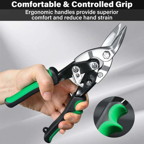 Close-up of ergonomic grip on Three Pack Aviation Tin Snips For Cutting Metal Sheets with heavy duty CRV steel blades, 10-inch size.