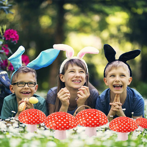 Children in bunny ears with Six Pack Mushroom Paper Lanterns Set For Party Decor And Nursery Ornaments Orange Red Color
