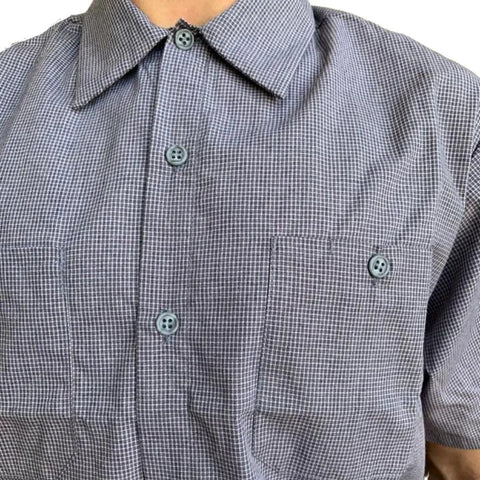 Men's Micro Check Short Sleeve Work Shirt, Heavy Duty Industrial Auto Mechanic Uniform, close-up of dual pockets and buttons.