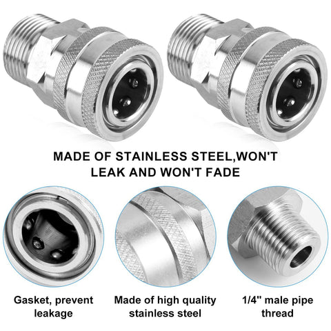 Front view of two stainless steel 1/4in pressure washer quick-connect adapters with male and female threads