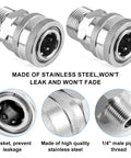 Front view of ten-piece stainless steel 1/4in pressure washer quick-connect fittings set, male and female.