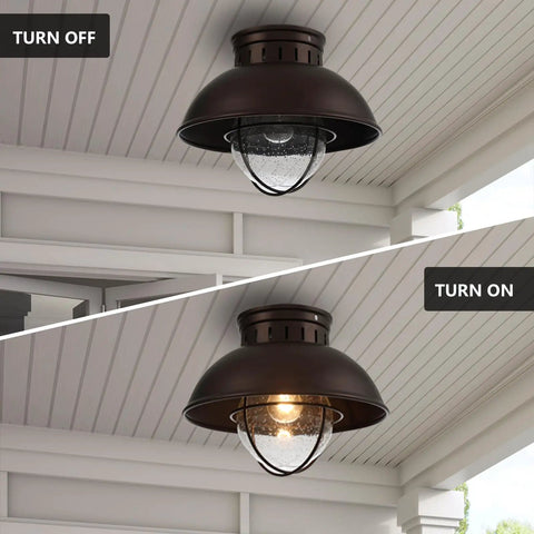 Outdoor Farmhouse Ceiling Light 10 Inch Flush Mount In Oil Rubbed Bronze With Metal Cage And Seeded Glass Semi Entry Hall Light Fixture For Porch Patio Or Foyer turned on and off