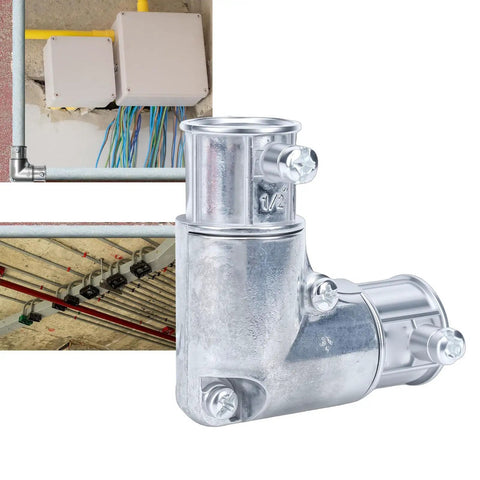 1/2 Inch 90 Degree EMT Inside Corner Pull Elbow Conduit Fitting showing zinc alloy design for electrical wire routing.