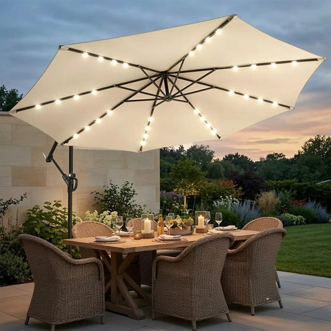 10ft Solar LED Offset Patio Umbrella With Cantilever Design Beige Shade 32 LED Lights Easy Tilt Adjustment Outdoor