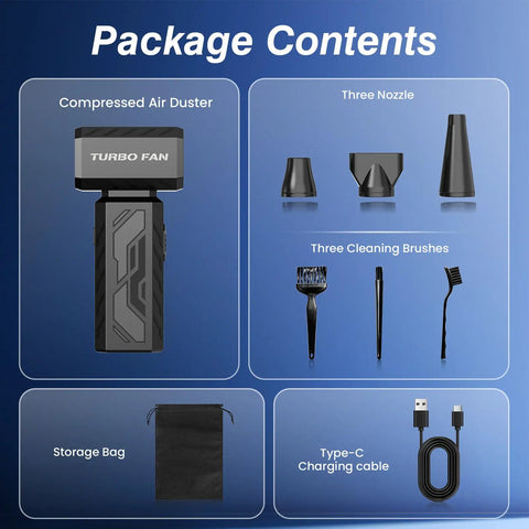 Package contents of Beast Mode Cordless Air Blower With Brushless Motor Ultra Powerful 390000RPM Duster including nozzles and brushes.