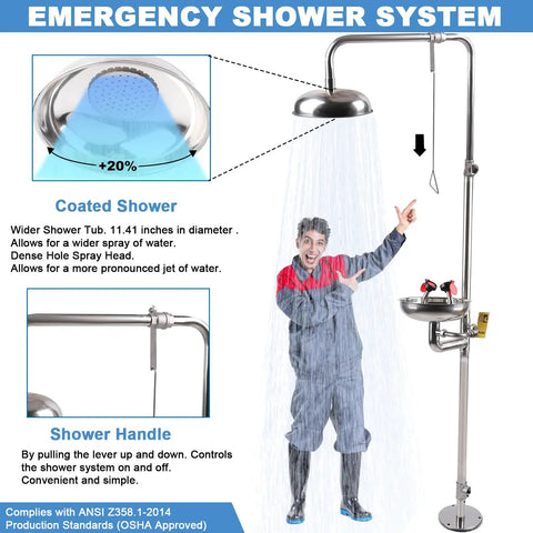 Emergency Eyewash And Shower Station Kit For Workplace Safety OSHA Approved Stainless Steel Dual Nozzle Eye Wash And Body Shower Built In Filter First Aid Eyewash Station Ready To Go with person using the shower function.