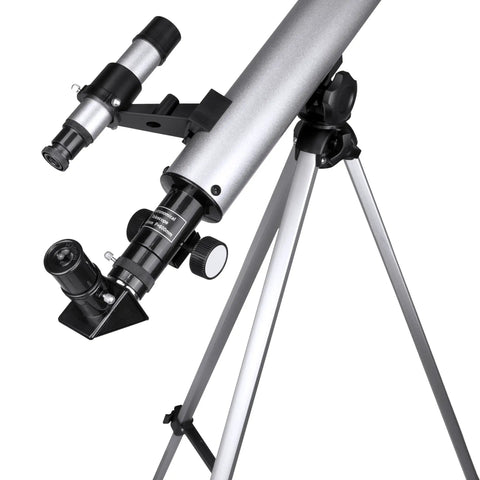 Starwatcher 50mm Refractor Telescope For Beginners With 600mm Focal Length And Coated Optics on a tripod, side view.