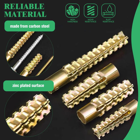 Close-up of 180Pcs 90 Sets Steel Wall Anchor And Screw Kit in four sizes with carbon steel, zinc-plated surface.