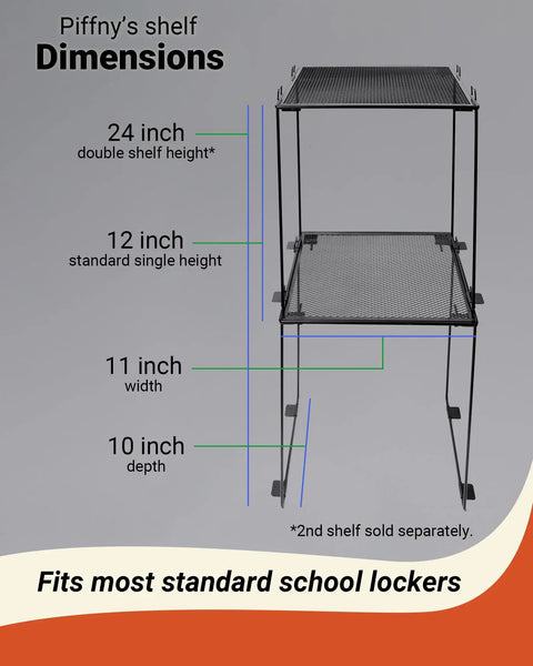 Dimensions of Heavy Duty Metal Mesh Organizer Shelf Stackable Locker Insert Fits Standard School Gym Lockers, 12x11x10 inches.