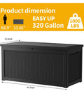 320 Gallon Lockable Resin Deck Box Waterproof And UV Resistant Outdoor Storage Box For Cushions Garden Tools And Pool Accessories Beefy Heavy Duty Weatherproof Black with dimensions and weight capacity