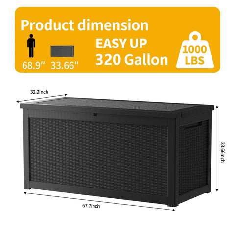 320 Gallon Lockable Resin Deck Box Waterproof And UV Resistant Outdoor Storage Box For Cushions Garden Tools And Pool Accessories Beefy Heavy Duty Weatherproof Black with dimensions and weight capacity