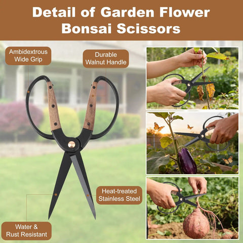 Two Piece Garden Pruning Shears Set With Pro Grade SK5 Blade Pruner And Precision Garden Scissors, ergonomic walnut handles